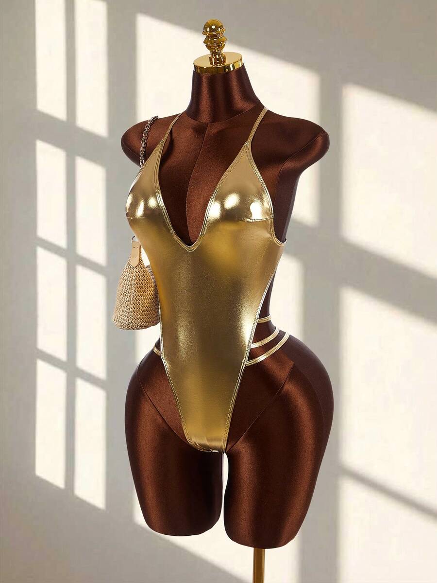 1pc Women's Sexy Backless Halter Monokini Swimsuit With Steel Rings, Suitable For Vacation And Daily Wear - Gold - View 1