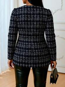 SHEIN Lady CURVE Plus Size Women's Elegant Plaid Print Front Open Coat For Wedding Guest, Teacher Winter Fall Autumn - Black - View 3