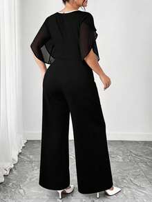 Elenzga Mono de mujer talla grande con diseño floral calado y cintura ceñida, conjunto casual para citas y salidas - Negro - Ver 2