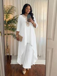 SHEIN Lady CURVE Bộ đồ 2 mảnh dành cho nữ cỡ lớn, phong cách nghỉ dưỡng thanh lịch mùa xuân/thu, phối ren, tay lửng 3/4, vạt áo bất đối xứng, gồm áo dài và quần. - trắng - Xem 5