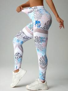 SHEIN Rhythm Era Quần legging thể thao nữ cỡ lớn in họa tiết cây nhiệt đới, cạp cao, phối lưới xuyên thấu. - Nhiều màu - Xem 1