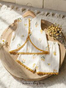 Cozy Pixies Baby Girl Floral Print Contrast Trim Sleeveless Top And Elastic Waist Shorts 2-Piece Set - Yellow - View 1
