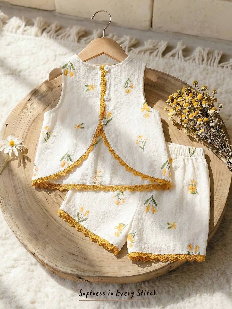 Cozy Pixies Baby Girl Floral Print Contrast Trim Sleeveless Top And Elastic Waist Shorts 2-Piece Set - Yellow - View 1