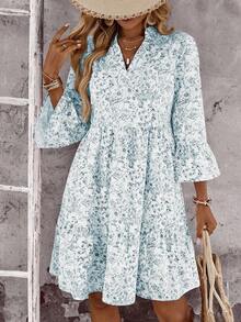 EMERY ROSE Women's Floral Print V-Neck Flare Sleeve Casual Mini Dress For Vacation - Blue - View 7