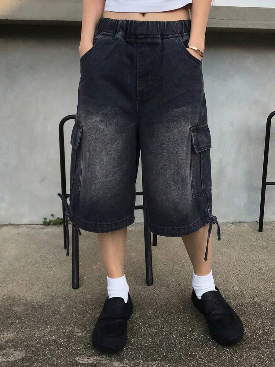 FRIFUL Quần short denim dáng rộng thoải mái dành cho nữ, có túi, thích hợp cho mùa hè. - Màu xanh lam - Xem 1