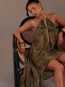 Hauture Women's Sexy Abstract Animal Print Draped Halter Neck Backless With Gold Metal Neck Decor - Multicolor - View 7