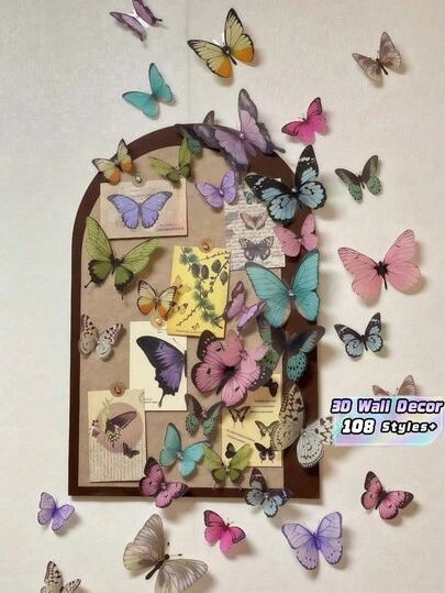 108 peças/Conjunto Adesivos Decorativos de Borboleta 3D Colorida em PVC, Adequado para Embalagem, Decoração, Selfie, Bottom de Transmissão ao Vivo, Decoração Suspensa de Joias DIY. Decoração de Parede para Quarto, Sala de Estar, Casa, Sala de Jantar, Hotel, Presentes de Casamento, Aniversário, Formatura, Adesivos Pessoais, Decoração Escolar, Decoração de Dormitório, Decoração Doméstica, Decoração de Quarto, Suprimentos Escolares
