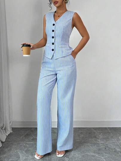 Elenzga Bộ đồ nữ thanh lịch, sang trọng, thoải mái, quyến rũ, cổ điển tối giản, cao cấp, lãng mạn, nghỉ dưỡng, công sở, hiện đại, không tay, cổ chữ V, áo cardigan thắt eo sau, quần ống rộng dáng chữ A có túi, thiết kế nút trang trí, bộ đồ kẻ sọc.