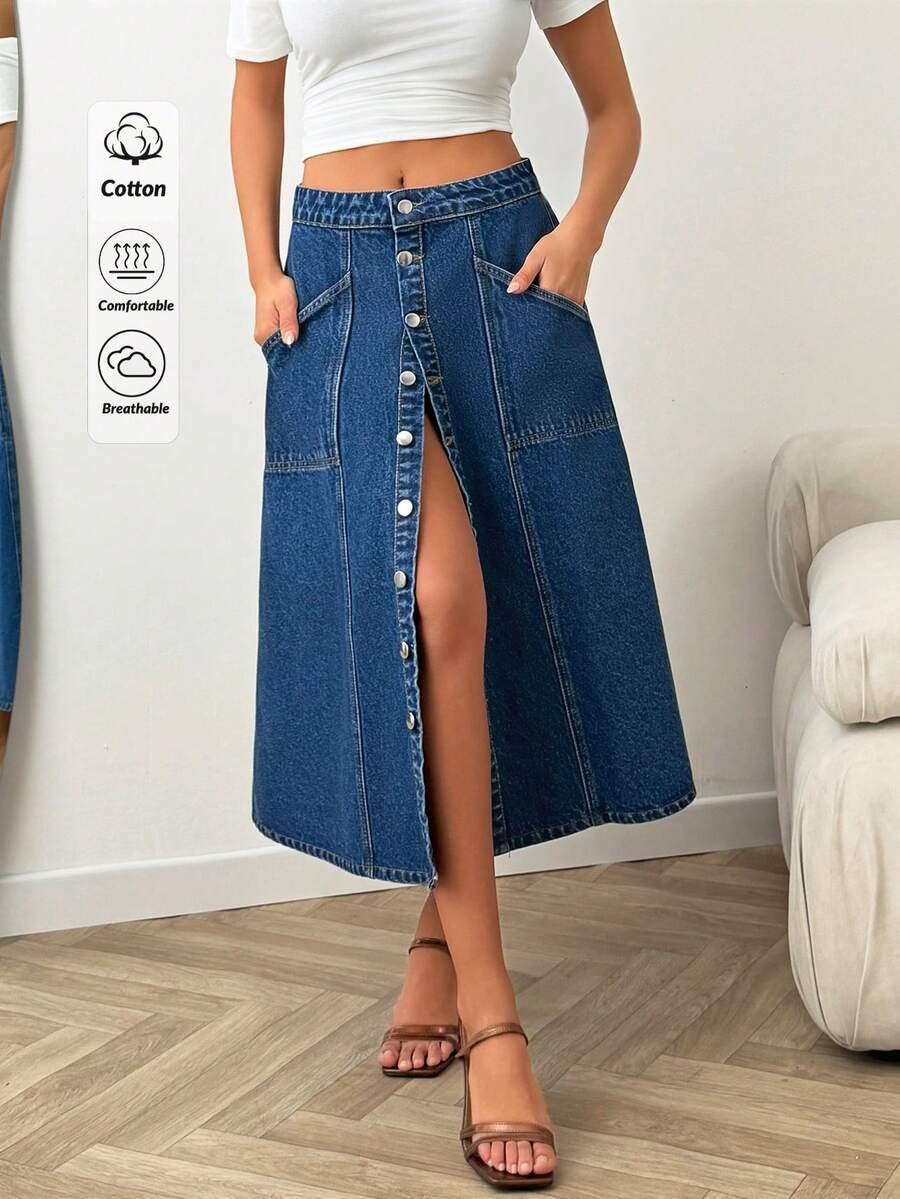 SHEIN High Waist Regular Fit Casual Style Button Front Medium Blue Wash Long Denim Skirt - Medium Wash - View 1