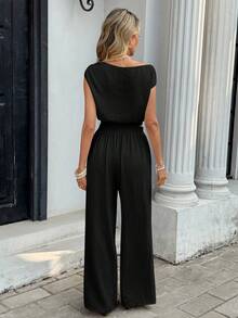 Serisse Women's Solid Color Minimalist Daily Wear Asymmetric Top And Pants 2 Pieces Set - Black - View 2