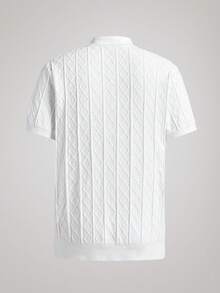 Officeau Men's Casual Solid Color Airplane Collar Diamond Pattern Short Sleeve Sweater, Spring/Summer - White - View 2
