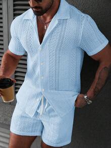 VENTUSAIL Men's Short Sleeve Single-Breasted Shirt And Shorts Casual Suit, Holiday - Blue - View 3
