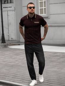 Manfinity Homme Áo polo nam tay ngắn kẻ sọc dáng casual, thích hợp cho mùa hè. - màu nâu - Xem 2