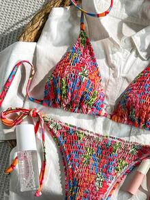 Swim Mod Conjunto de bikini con estampado de leopardo fruncido, con atar al cuello, para vacaciones de verano de mujeres 2025 - Multicolor - Ver 4