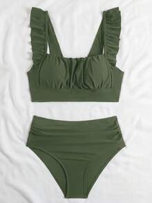 Swim Basics 两件套女士夏季沙滩优雅度假纯色荷叶边吊带褶皱前片上衣和高腰褶皱三角裤套装 - 橄欖綠 - 查看 6