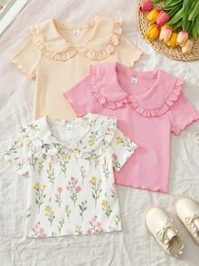 Elladie kids 3件裝少女休閒彼得潘領短袖T恤，彼得潘領花卉印花白色夏季校園風粉色黃色輕盈布料質感 - 彩色 - 查看 7