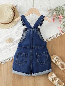 SHEIN Vintaside Kids 女童休闲甜美花卉刺绣牛仔背带短裤 - 深色水洗藍 - 查看 3