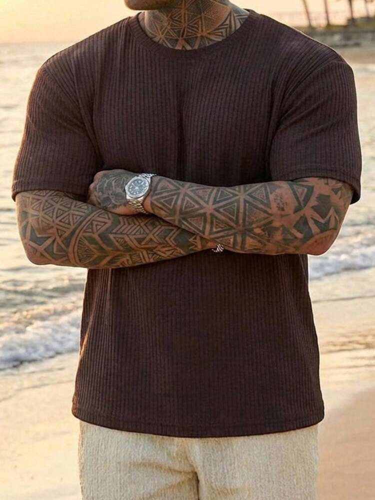 Plus Size Men's Loose Fit Solid Brown Short Sleeve T-Shirt