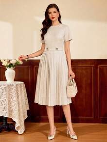 Vintamour Vintage Elegant Women Dress Pockets Pleated Casual Holiday Vacation Outfits Woman Wedding Guest Dress Women Back To School Birthday Dresses For Women Elegant Teacher Outfits For Women Business Casual Woman Birthday Outfits For Women Vacation Outfits Women Elegant Dresses For Women Office Outfits For Women School Clothes Back To School Clothes Fall Women Clothes Vacation Dress Fall Clothes Church Dresses For Women Festival Outfits,Summer Dresses For Women - Apricot - View 4