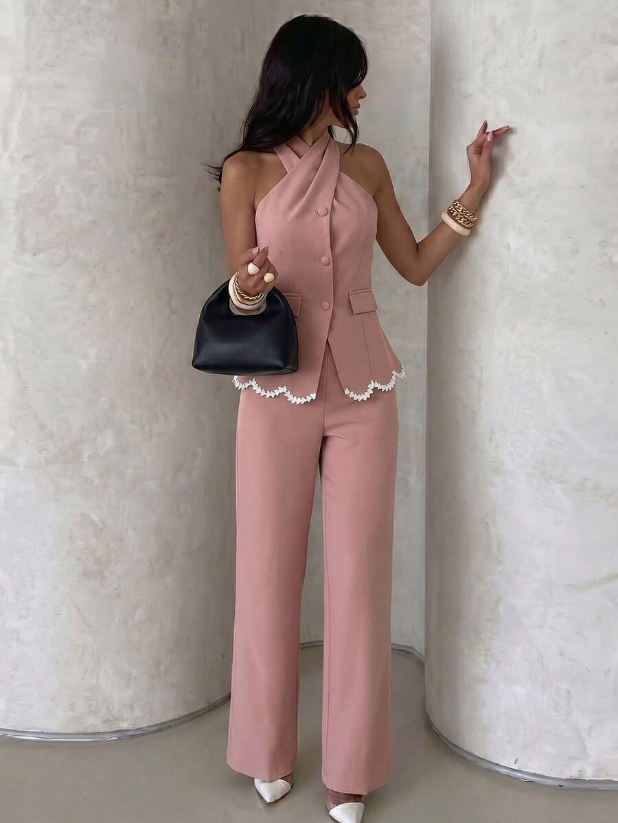 Modelyn Women's Spring/Summer Pink Woven Fabric Buttoned Waist Sleeveless Top With White Ribbon Trim And A-Line Hem, Paired With Straight Leg Pants, Elegant Romantic Office/Casual 2-Piece Set Dusty Pink Halter Two-Piece Pantsuit Lace Trim Halter Top And Wide Leg Pants Set Smooth Structured Suiting Fabric Cross Halter Neckline With Buttons Office Business Formal Meeting Summer Minimalist Office Wear Aesthetic Soft Dusty/Blush Pink Base - Pink - View 1
