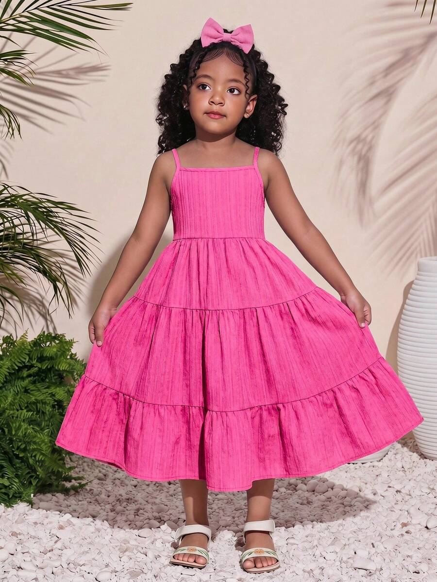 SHEIN Young Girl Woven Solid Color Casual Camisole Dress - Hot Pink - View 1
