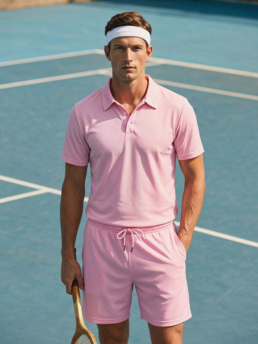 Courvante Men Summer Solid Color Casual Polo Shirt And Drawstring Waist Shorts Set, Mesh Sleeve Light Pink, With Front Button & Pocket, For Tennis Sport - Baby Pink - View 1