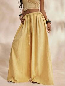 TypaGal Pantalones casuales anchos de cintura con cordón de unicolor para mujer - Amarillo - Ver 1