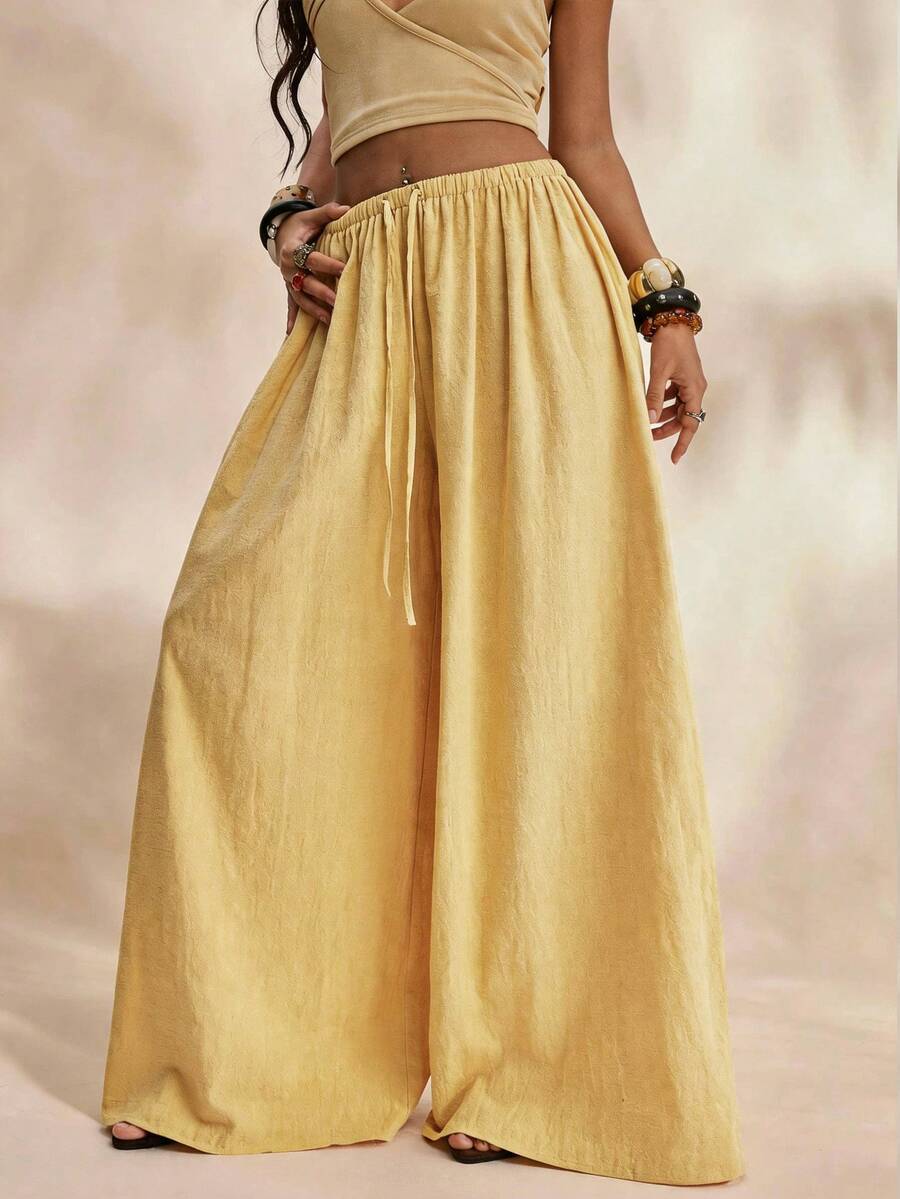 TypaGal Pantalones casuales anchos de cintura con cordón de unicolor para mujer - Amarillo - Ver 1