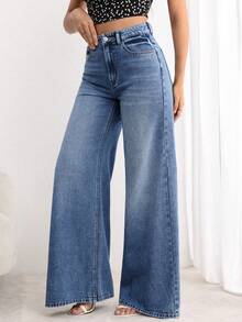 SHEIN PETITE Quần jean ống rộng dáng rộng có túi dành cho nữ, kiểu dáng thường ngày. - Rửa nhẹ - Xem 4