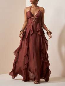 Zivah Đầm dự tiệc đi biển năm 2026, kiểu dáng thanh lịch, phong cách Bohemian, chất liệu chiffon mỏng, màu nâu, dây mảnh, viền bèo nhún, đầm hai dây, đầm buộc dây phía trước, đầm hai dây, đầm dài chiffon, đầm phong cách Bohemian, đầm đi nghỉ mát. - màu nâu - Xem 6