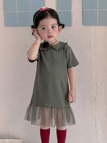 Dazy Kids 女嬰休閒圓領網布拼接中長洋裝 - 灰色 - 查看 4