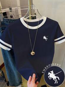 Resyla 女款T恤/保罗图案印花/刺绣工艺/女士宽松休闲撞色圆领T恤上衣/春夏 - 彩色 - 查看 1