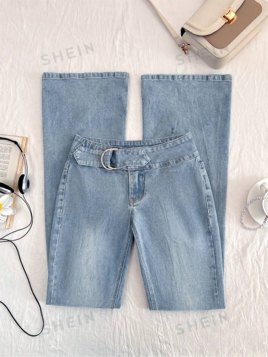 Elamini Low-Waist Fashionable Washed Waist Buckle Flare Jeans - Light Wash - View 1