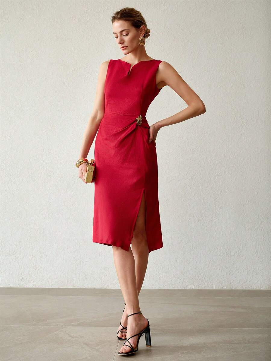 MOTF PREMIUM LINEN MINIMALIST ELEGANT V-NECK CINCHED WAIST MIDI DRESS, SPRING/SUMMER - Burgundy - View 2