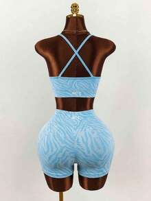 Amplova Bộ đồ thể thao hở lưng họa tiết ngựa vằn và chữ cái cho nữ Bộ đồ tập luyện dành cho nữ - Màu xanh bạc hà - Xem 4