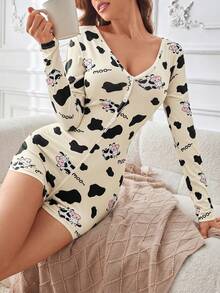 SHEIN Women's Cow Print Cartoon V-Neck Long Sleeve Fitted Jumpsuit Pajamas, Suitable For Spring, Summer And Autumn - Yellow - View 6