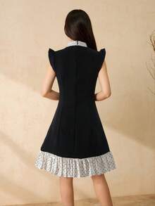 Đầm đen thanh lịch, tối giản, tay loe, cổ tròn, nơ 3D có thể tháo rời ở eo, ngắn, màu trơn, chất liệu vải pha trộn, xếp ly, thiết kế hai mảnh, đầm đen nhỏ cho thiếu nữ. - màu đen - Xem 2