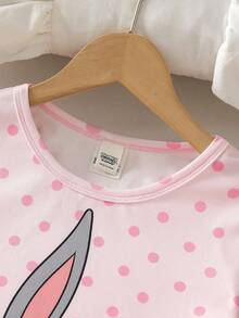 LOONEY TUNES X SHEIN GraphicGems 少女波点卡通印花紧身弹力面料圆领舒适短袖上衣和短裤两件套紧身睡衣套装 - 粉色 - 查看 7