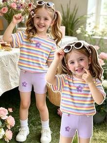 Girls Colorful Striped Floral Print Short T-Shirt & Bike Shorts Set,Summer,Matching,Family Vacation,Holiday Cute Casual Daily Sports Outfits,2pcs - Multicolor - View 3
