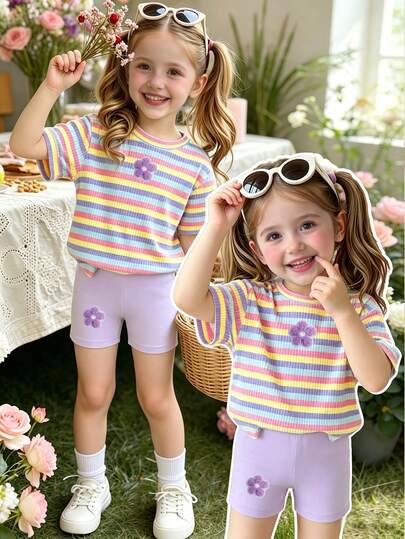 Bộ đồ thể thao mùa xuân hè cho bé gái, phong cách thường ngày năng động, cá tính, tươi mới, dễ thương, tối giản với họa tiết sọc hoa nhiều màu sắc, áo thun ngắn và quần đùi cơ bản, thoải mái khi mặc hàng ngày, ấm áp cho mùa hè và mùa thu, phù hợp cho trang phục thể thao hàng ngày của bé gái.