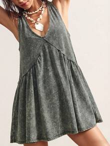 Vestido Corto Casual de Punto Holgado con Cuello en V de Color Sólido  para Mujer, Vestido de Vacaciones - Gris Oscuro - Ver 5