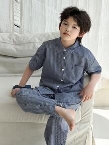 Bộ áo sơ mi và quần kẻ caro dáng rộng thoải mái cho bé trai tuổi teen, thích hợp cho mùa xuân, hè và thu. - Màu xanh lam - Xem 7