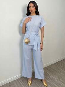 SHEIN Elenzya Bộ đồ 2 món dành cho nữ mùa hè đi biển, gồm áo ngắn tay kẻ sọc và quần dài. - Xanh và trắng - Xem 3