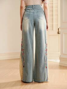 Quần jeans ống loe nữ sang trọng, thêu ren tương phản, phong cách nghỉ dưỡng. - Màu xanh lam - Xem 5