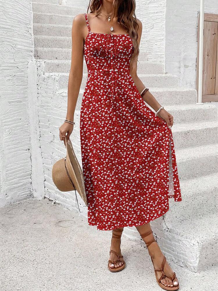 red ditsy dress Saks Fifth Avenue Women's Floral Cotton-Blend Button-Front Dress - Ditsy Floral