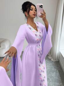Elenzga Women's V-Neck Embroidered Waist Flared Sleeve Elegant Middle Eastern Style Dress - Mauve Purple - View 4