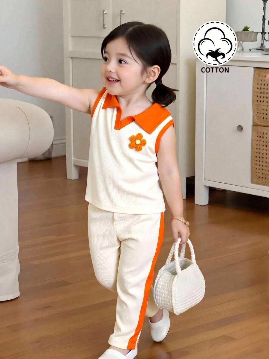 Genkimix Kids 女童碎花针织polo衫背心和针织喇叭裤两件套，撞色夏季儿童舒适运动休闲套装，柔软棉质面料