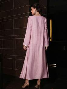 Layrah Vestido de manga larga con cuello redondo, bordado y con cuentas, acampanado, para primavera/verano - Rosa - Ver 3