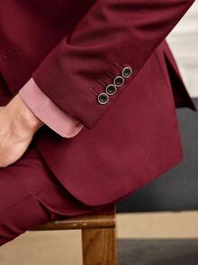 Officeau 3pcs/Set Men's Fashion Solid Color Slim Fit Stretch Business Suit, Containing Blazer Vest Pants, Work Formal Outfit - Burgundy - View 10