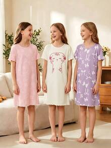 Bộ đồ ngủ 3 món dáng chữ A tay ngắn dài cho bé gái tuổi teen, màu hồng nhạt ngọt ngào với nơ xinh xắn và họa tiết mèo con dễ thương. - Nhiều màu - Xem 3